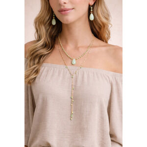 Gold Tone Green Stone Layered Necklace & Earring Set Boho Modern Jewelry